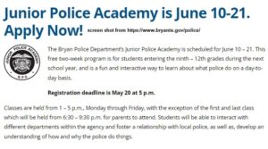 Bryan Police Department Brings Back Its Junior Police Academy