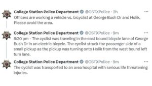 College Station Police Investigating Collision Between A Bicyclist And A Small Pickup