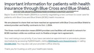 Baylor Scott & White Health And Blue Cross Blue Shield Of Texas Reach A Three Month Contract Extension