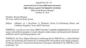 Texas A&M System Board Of Regents To Consider Eliminating 52 Low Producing Academic Programs On The Flagship Campus