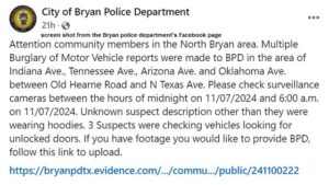 Bryan Police Investigations At Three Bryan ISD Schools, Multiple Vehicle Burglaries In One Residential Neighborhood, And Crimes At Three Other Residences