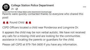 College Station Police Gets A Fast Response After Finding A Special Needs Child