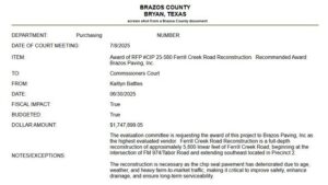 Brazos County Commission Awards Contract For Rebuilding Ferrill Creek Road North Of Kurten