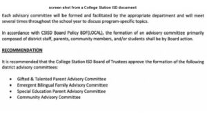 College Station ISD School Board Creates Four New Advisory Committees