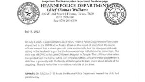 Hearne Police Report A Nine Year Old Dies After Being Accidentally Shot By His Younger Brother