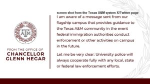 Texas A&M System Chancellor Reaction To An E-Mail From The Flagship Campus Regarding Immigration Enforcement